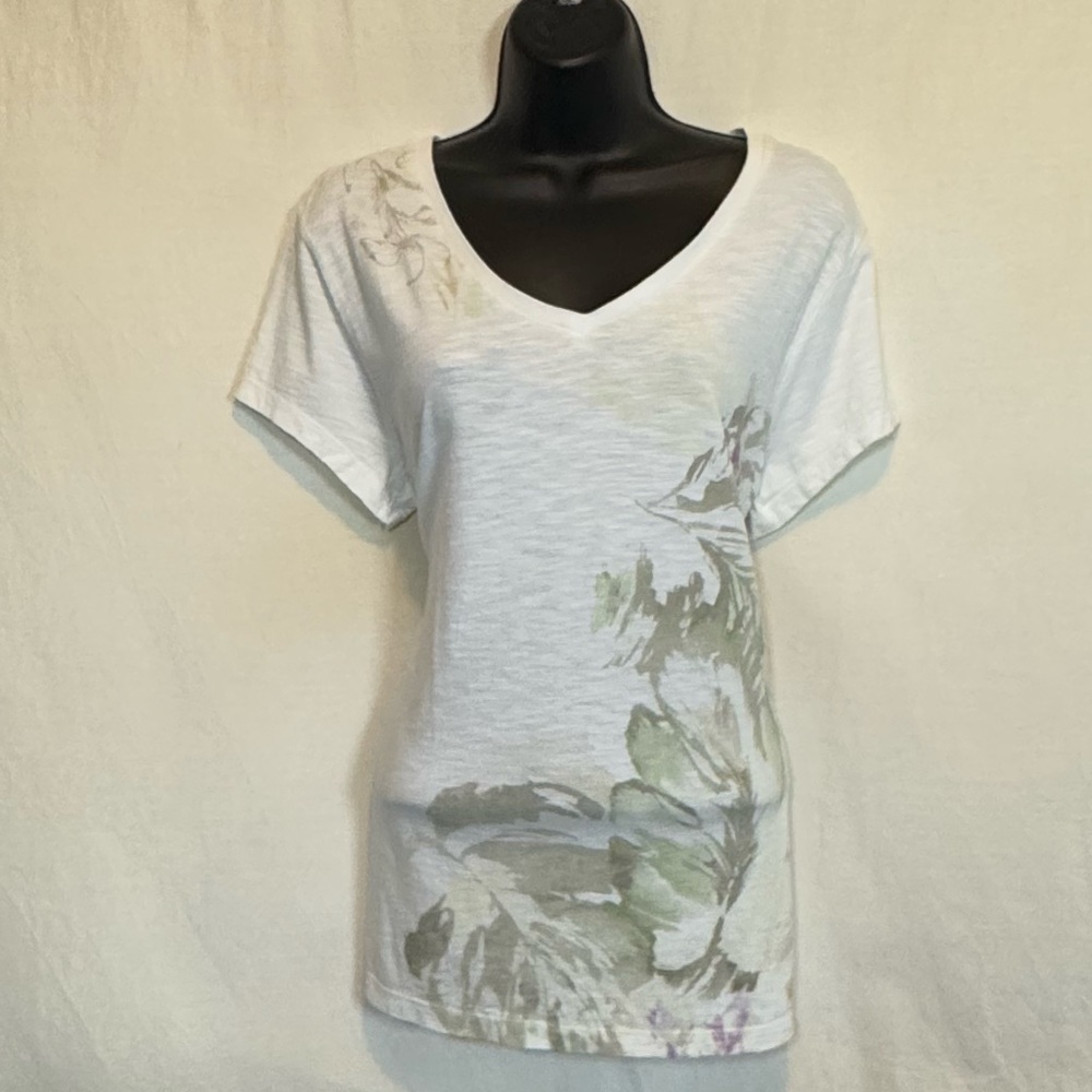 H-94 Sonoma White Purple & Green Floral Short Sleeve Pullover Blouse Size LP‎